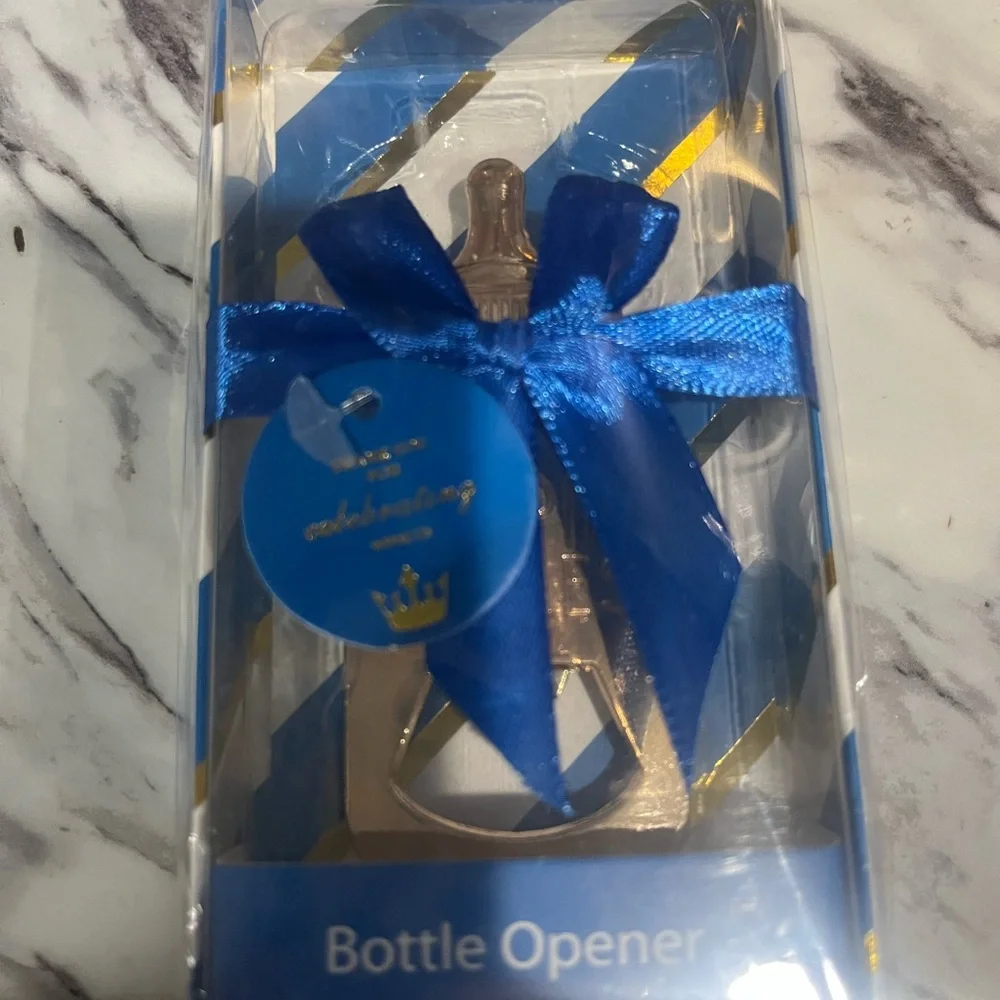 Gold Baby Bottle Opener with Blue Ribbon